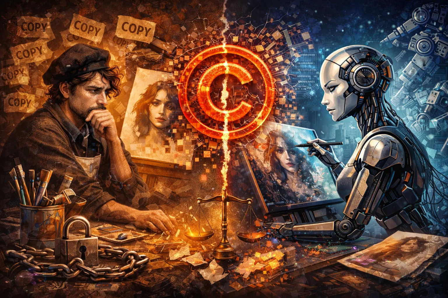 Deux figures opposées : un artiste humain à gauche, pensif, avec pinceaux et outils, et une IA humanoïde à droite, dessinant sur une tablette; au centre, une grande cible lumineuse © entourée de débris et d’un équilibre de justice. Deux figures opposées : un artiste humain à gauche, pensif, avec pinceaux et outils, et une IA humanoïde à droite, dessinant sur une tablette; au centre, une grande cible lumineuse © entourée de débris et d’un équilibre de justice.