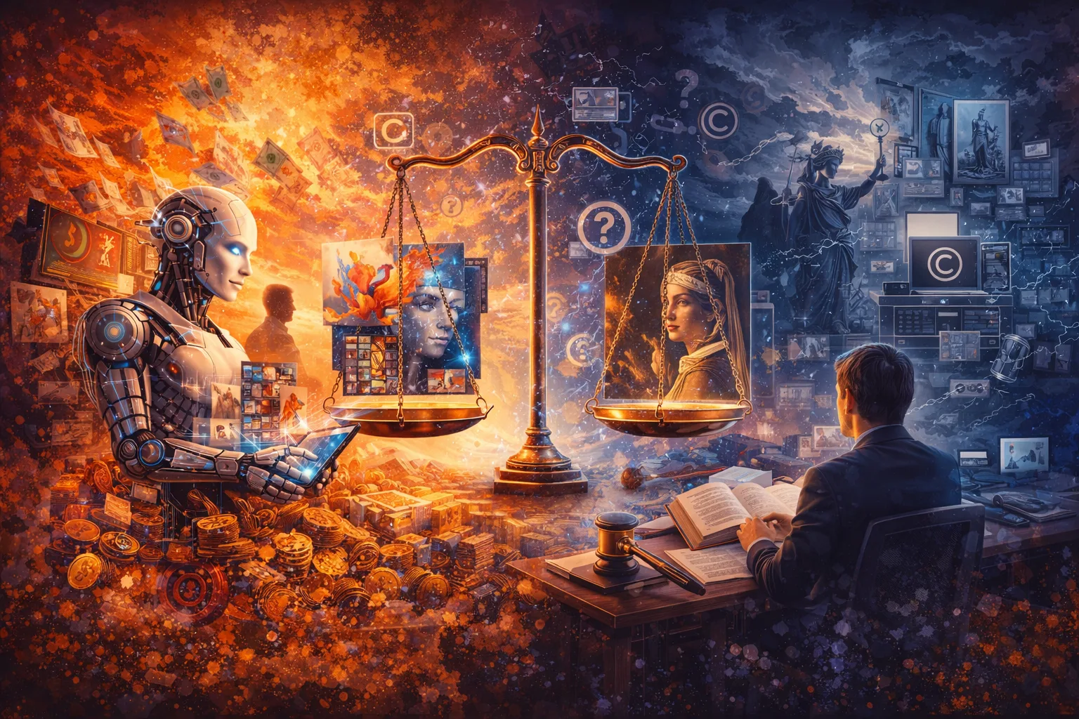 Balance entre science et justice: robot consultante et juge humain autour d’une table, livre ouvert, pièces et écrans symbolisant IA, contenu visuel artistique et droit. Balance entre science et justice: robot consultante et juge humain autour d’une table, livre ouvert, pièces et écrans symbolisant IA, contenu visuel artistique et droit.