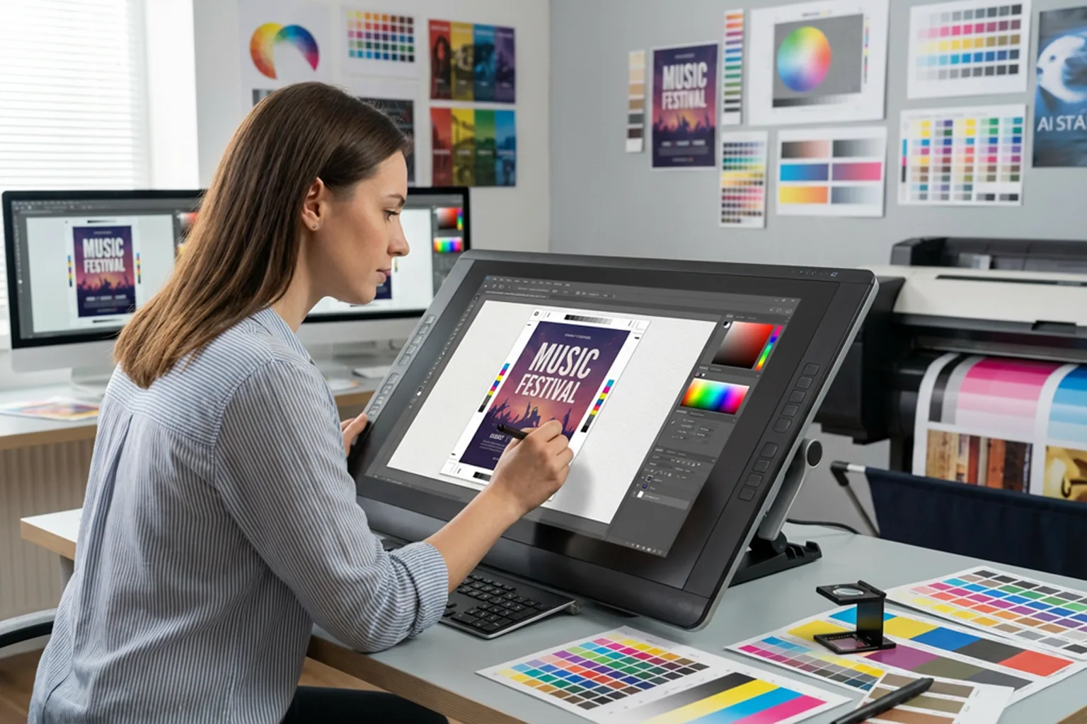 Graphiste sur tablette graphique concevant une affiche “Music Festival” dans un studio, avec posters colorés et échantillons de couleurs autour.