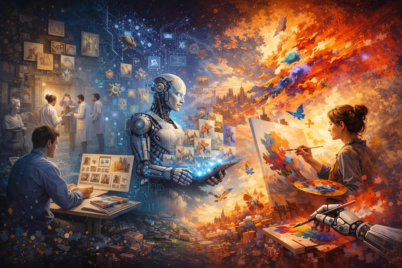 Robot humanoïde tenant une tablette, collabore avec artiste féminine peignant une toile colorée; atelier futuriste avec plans et IA, palette vive. Robot humanoïde tenant une tablette, collabore avec artiste féminine peignant une toile colorée; atelier futuriste avec plans et IA, palette vive.