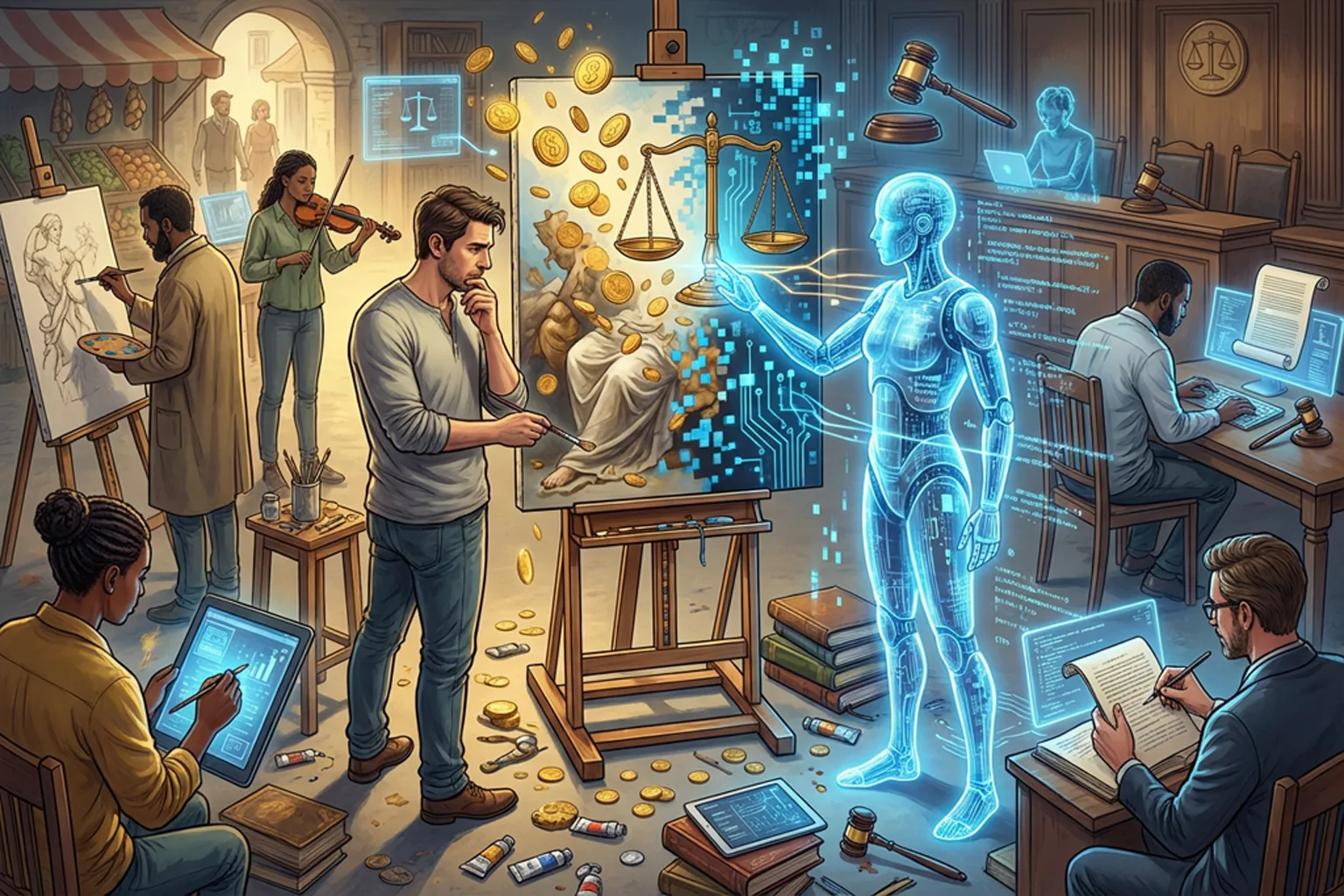 Allégorie numérique et artistique: un studio vibrant avec artiste peintre au centre, coins d’atelier, scalpel et pinceaux, fils d’IA et hologramme humanoïde bleu, balances de justice, ordinateurs et dossiers; humains créent et conçoivent des affiches design. Allégorie numérique et artistique: un studio vibrant avec artiste peintre au centre, coins d’atelier, scalpel et pinceaux, fils d’IA et hologramme humanoïde bleu, balances de justice, ordinateurs et dossiers; humains créent et conçoivent des affiches design.