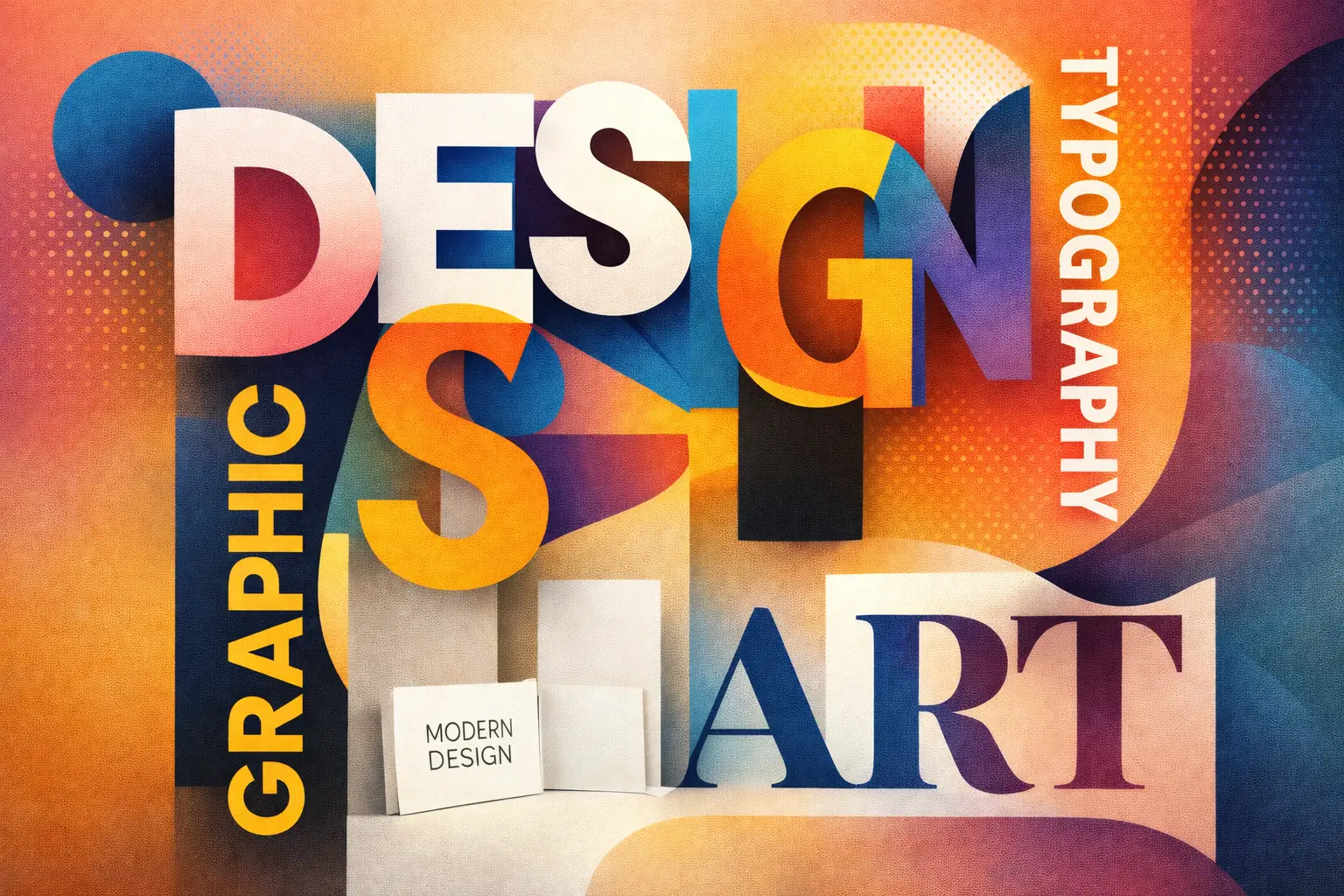 Affiche design graphique colorée avec lettres géantes et superposées “DESIGN” et “ART”, motifs géométriques, accents orange, bleu et jaune, texte vertical “GRAPHIC” sur la droite.