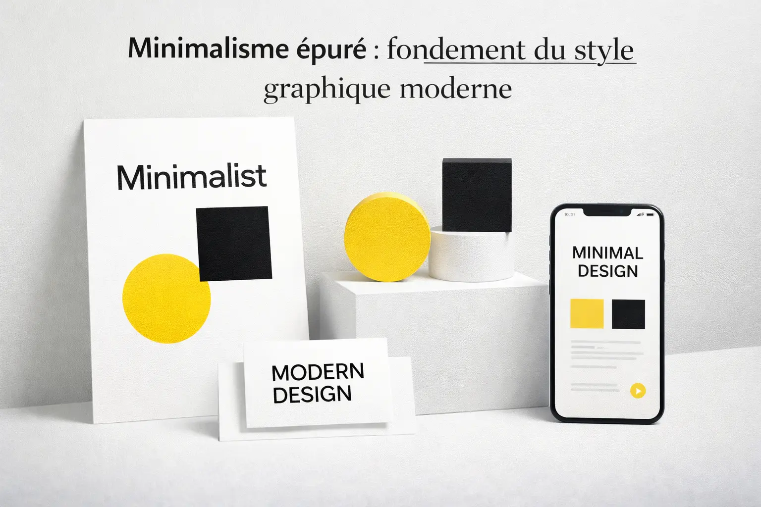 Affiche et supports minimalistes: poster blanc "Minimalist" avec rectangle noir et cercle jaune, carte "MODERN DESIGN" et smartphone affichant "MINIMAL DESIGN" avec carrés jaune et noir.