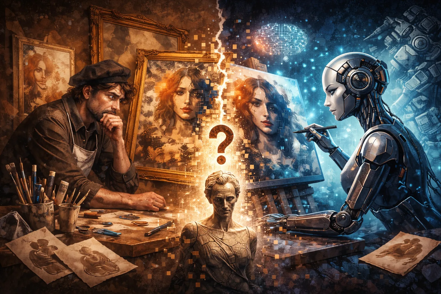 Artiste humain à gauche, robot côte droit, scrutant une table d’atelier avec portraits, sculpture et fresques; éclats et symbole ? au centre. Artiste humain à gauche, robot côte droit, scrutant une table d’atelier avec portraits, sculpture et fresques; éclats et symbole ? au centre.