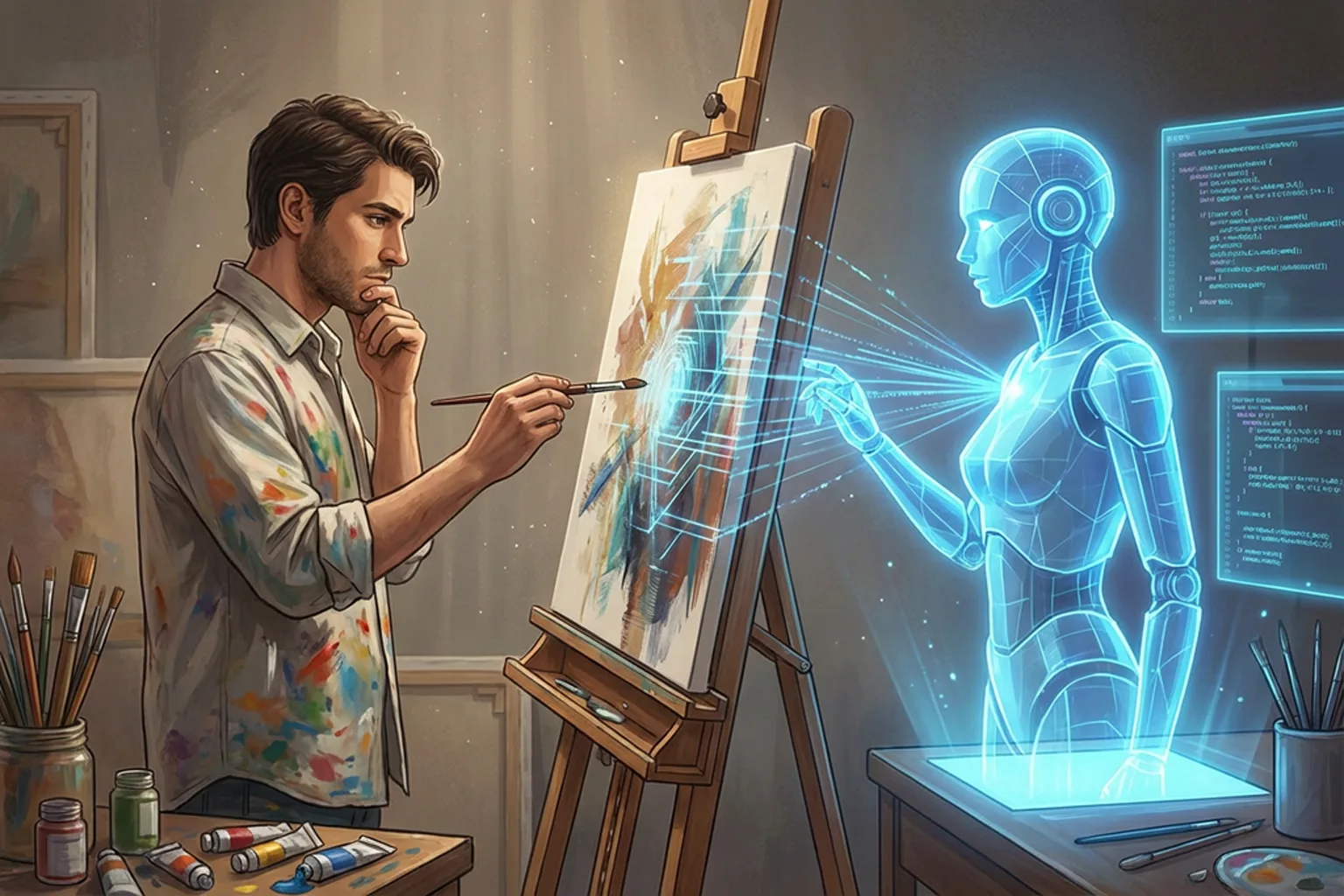 Artiste en studio peignant sur une toile, visage pensif, pinceau en main; artiste virtuel holographique bleu projette des formes sur l’œuvre.