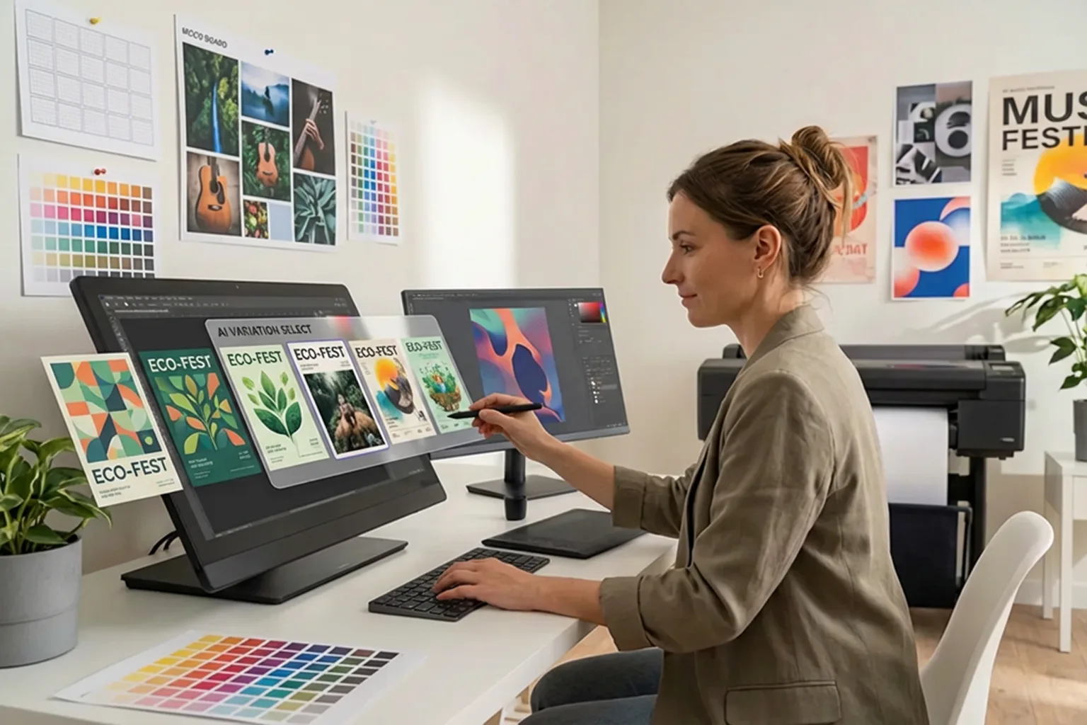 Connexion entre planning et design: une grafiste assise à un bureau, utilisant un écran double pour concevoir des affiches colorées et des maquettes, avec des posters et nuanciers sur le mur.