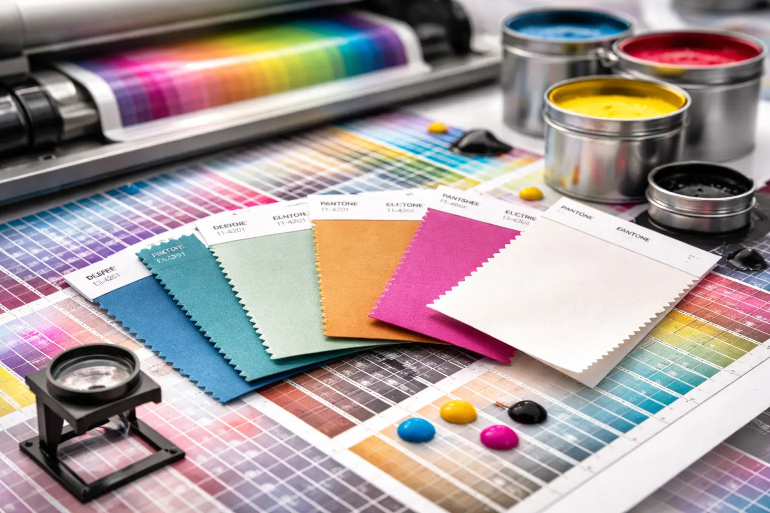 Échantillon de nuanciers Pantone et échantillons de papier colorés disposés sur une planche imprimante, avec pots de peinture et loupe.