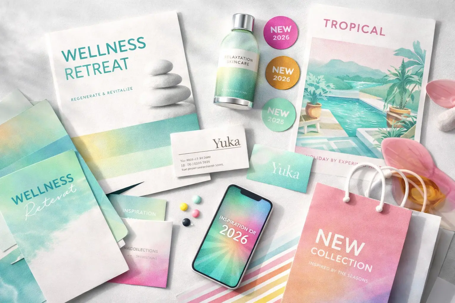 Affiche et accessoires de marque Wellness Retreat: brochures pastel, carte Yuka, bouteille de soin, posters tropical, sac rose et smartphone affichant "Inspiration 2026"