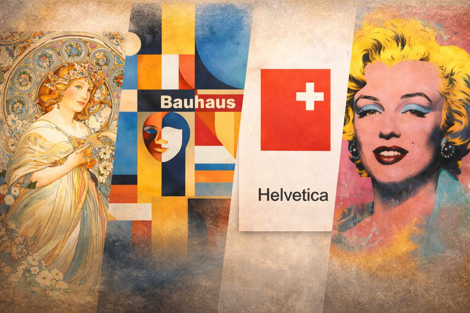 Affiche graphique collage coloré avec motifs Bauhaus et Helvetica, portrait de Marilyn Monroe à droite et figure féminine art Nouveau à gauche. Affiche graphique collage coloré avec motifs Bauhaus et Helvetica, portrait de Marilyn Monroe à droite et figure féminine art Nouveau à gauche.