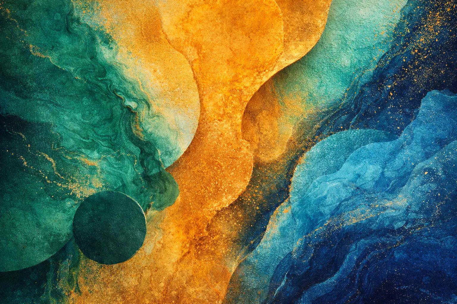 Composition abstraite en teintes turquoise, vert émeraude et orange doré avec des formes organiques et des éclats de pigment.