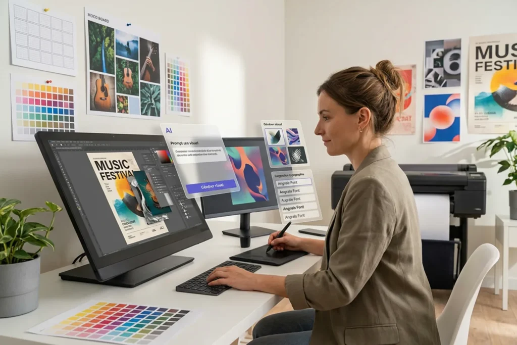 Créative en bureau de design graphique: artiste/graphiste sur tablette graphique et moniteurs affichant une maquette d'affiche « Music Festival » avec couleurs vives.