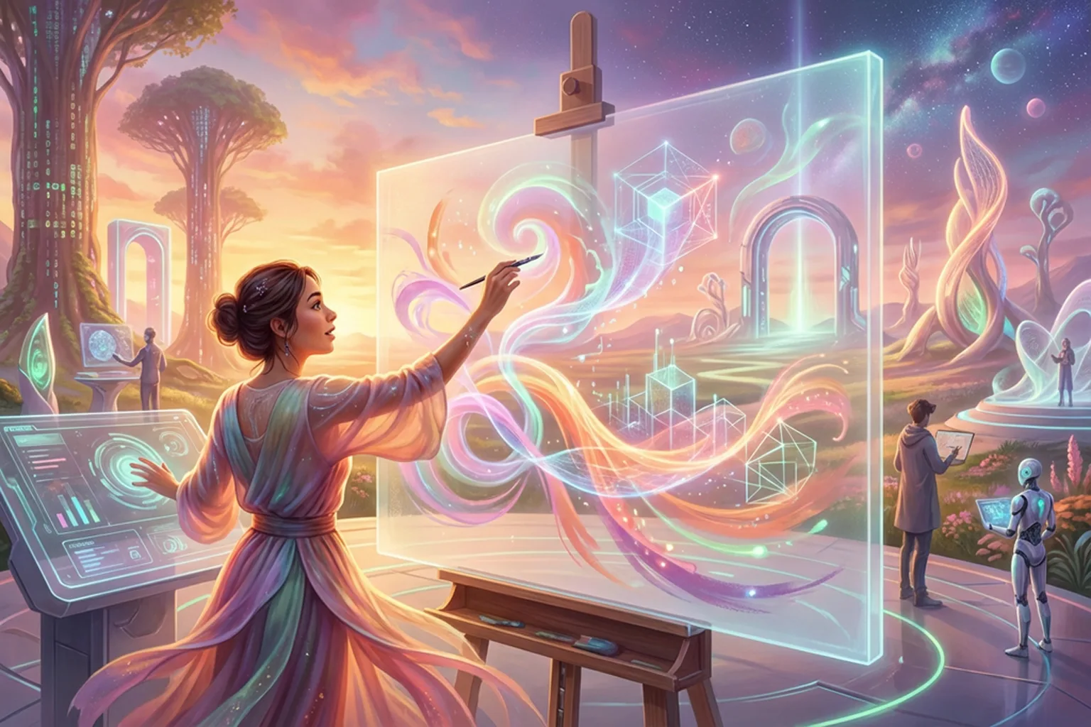 Femme peignant des formes lumineuses sur un grand écran transparent, entourée d’objets tech et d’un paysage futuriste aux couleurs pastel. Femme peignant des formes lumineuses sur un grand écran transparent, entourée d’objets tech et d’un paysage futuriste aux couleurs pastel.