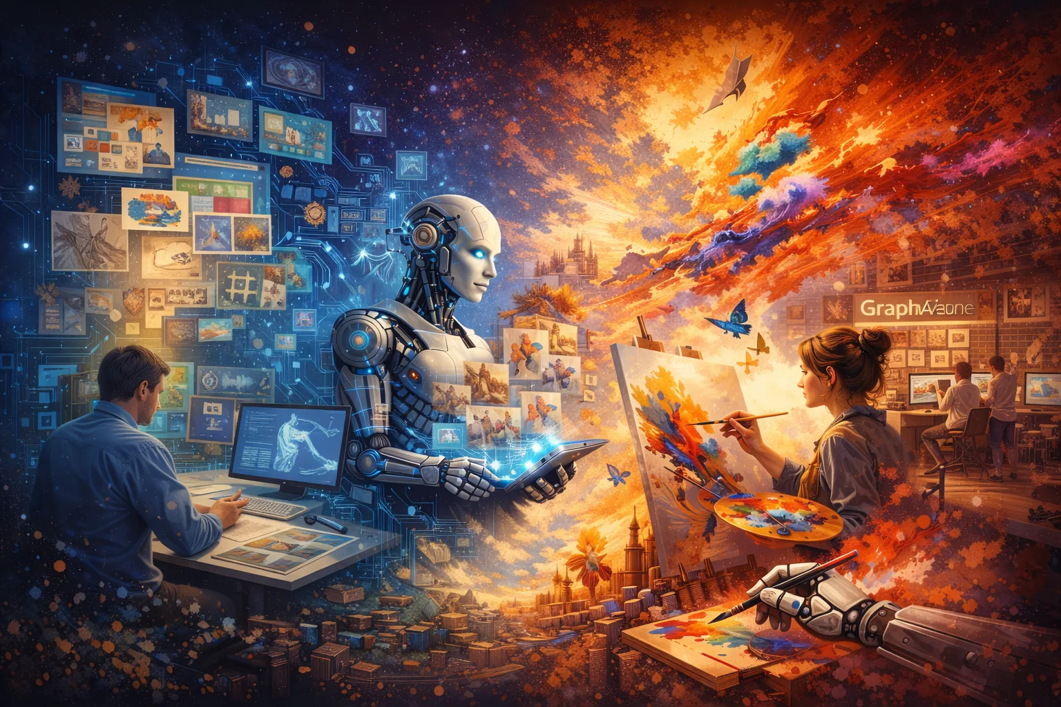 Chef-d'œuvre numérique: humain et robot collaborent dans un atelier d'art numérique, artistes peignant des toiles colorées entourées d'écrans et d'images holographiques. Chef-d'œuvre numérique: humain et robot collaborent dans un atelier d'art numérique, artistes peignant des toiles colorées entourées d'écrans et d'images holographiques.