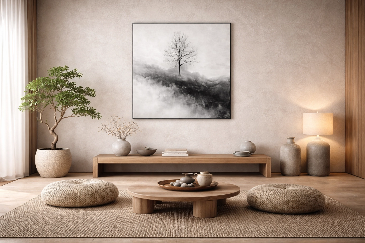 Salon minimaliste avec mur beige, tableau noir et blanc d’un arbre sur fond brumeux, canapé bas et table en bois, plantes et lampes dans une ambiance zen.