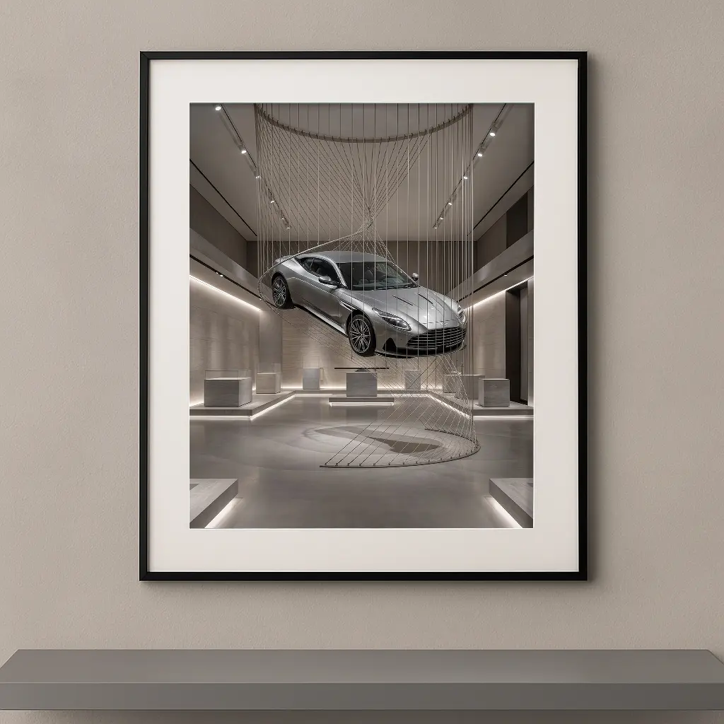 Tableau automobile Aston Martin DB12, installation artistique contemporaine, œuvre d’art murale encadrée