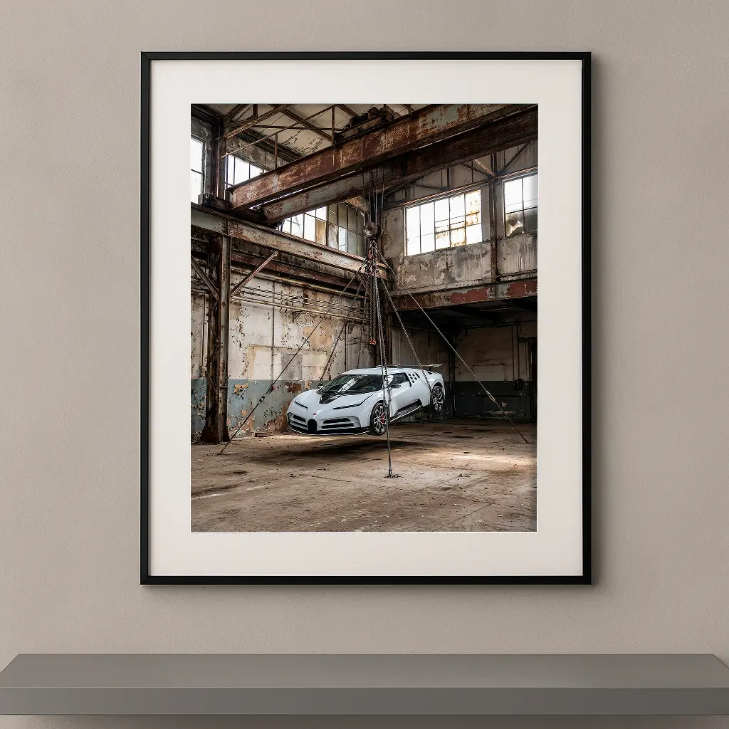 Tableau d’art Bugatti Centodieci suspendue, œuvre automobile contemporaine haut de gamme encadrée pour décoration murale design