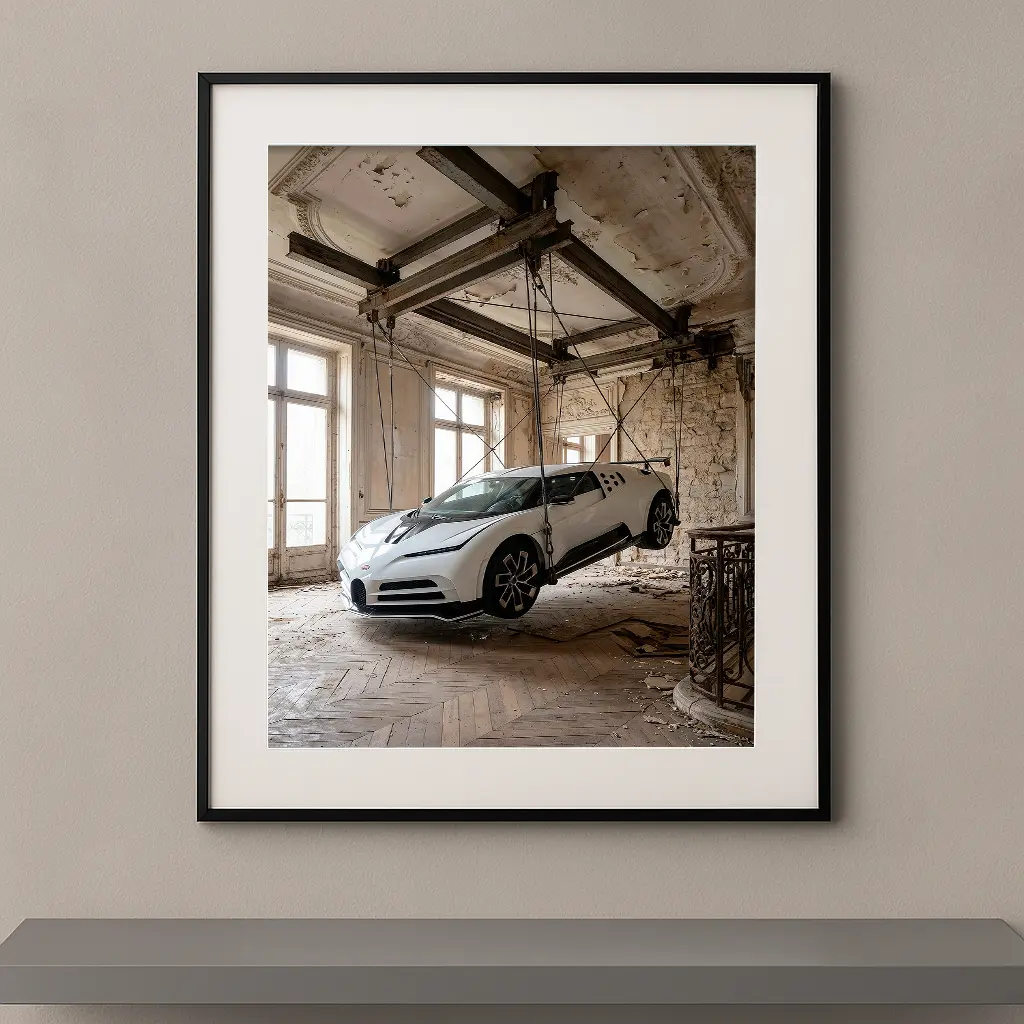 Tableau automobile Bugatti Centodieci, installation artistique contemporaine dans un décor haussmannien délabré