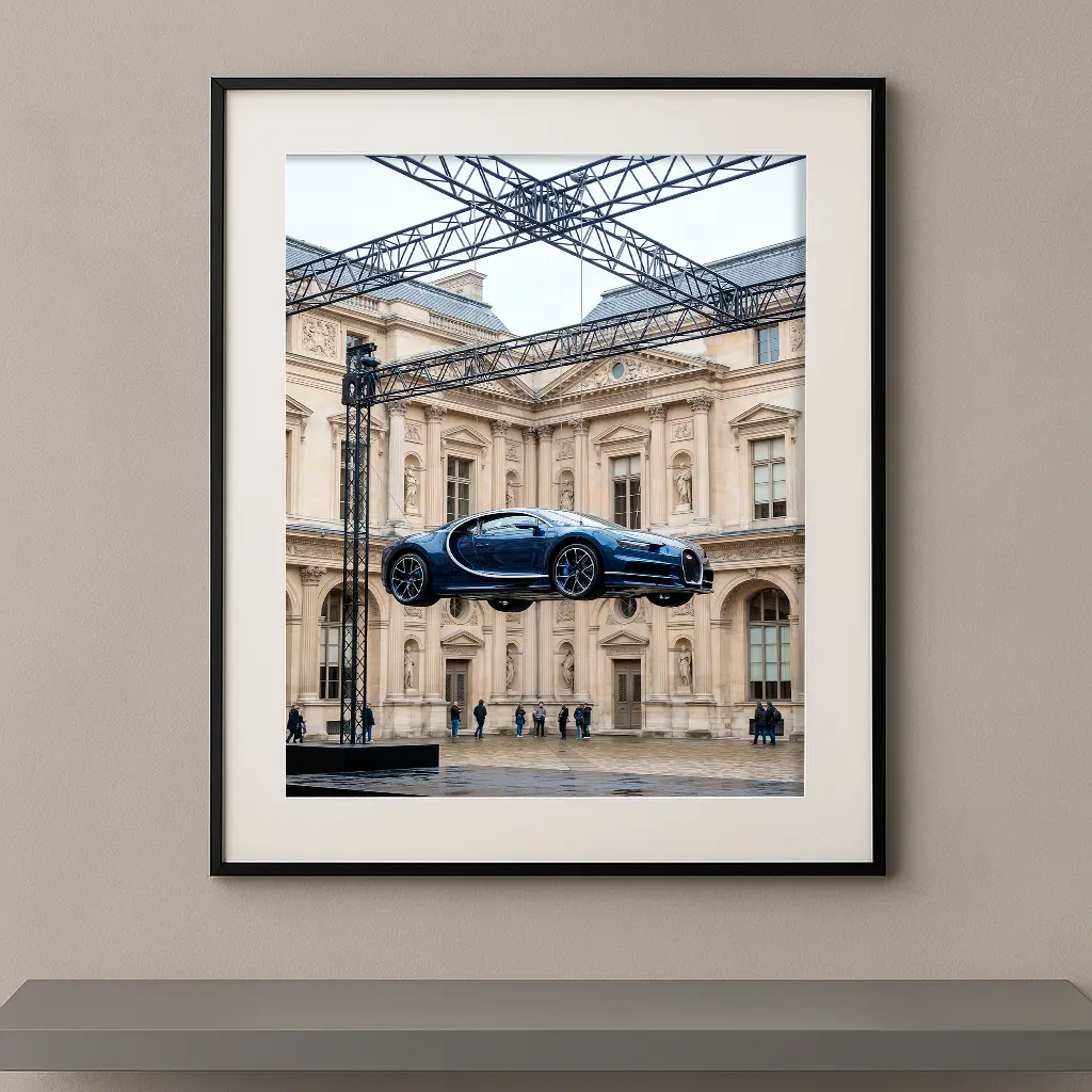 Tableau automobile Bugatti Chiron, installation artistique contemporaine dans un monument parisien, œuvre d’art murale encadrée