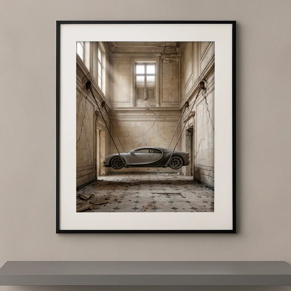 Tableau automobile Bugatti Chiron, installation artistique contemporaine dans un hall haussmannien, œuvre d’art murale encadrée