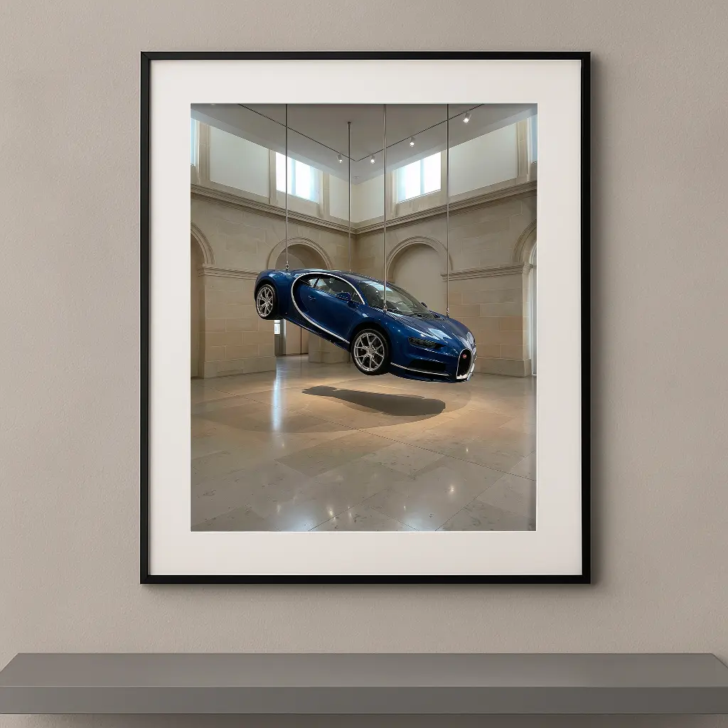 Tableau automobile Bugatti Chiron, installation artistique contemporaine dans un espace muséal classique, œuvre d’art murale encadrée