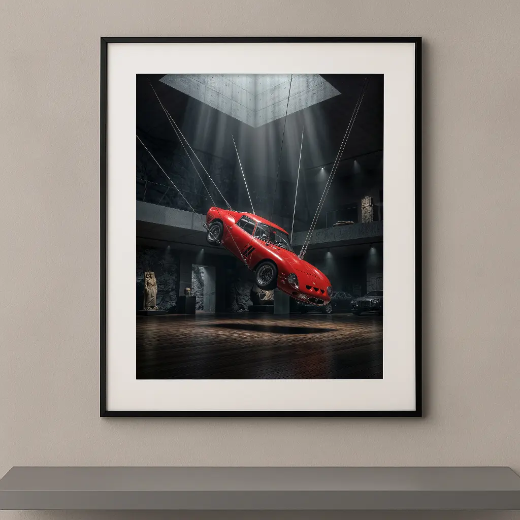 Tableau automobile Ferrari 250 GTO, installation artistique contemporaine en musée, œuvre d’art murale encadrée