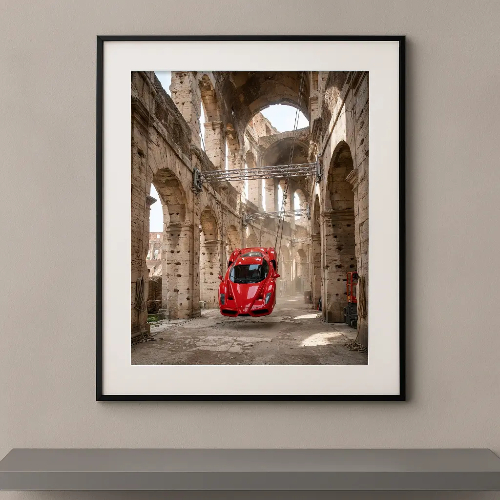 Tableau automobile Ferrari Enzo, installation artistique contemporaine dans le Colisée de Rome, œuvre d’art murale encadrée