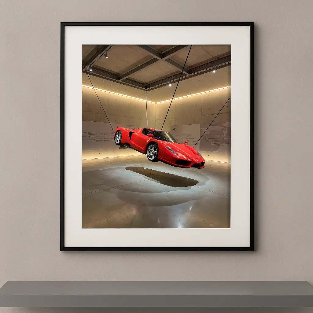 Tableau automobile Ferrari Enzo, installation artistique contemporaine, œuvre murale encadrée de supercar italienne