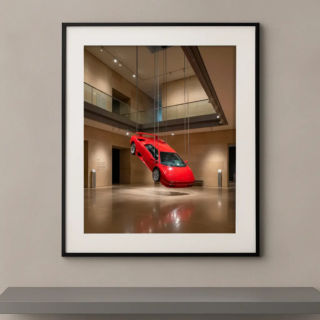 Tableau d’art Ferrari F40 suspendue, œuvre automobile contemporaine haut de gamme encadrée pour décoration murale design