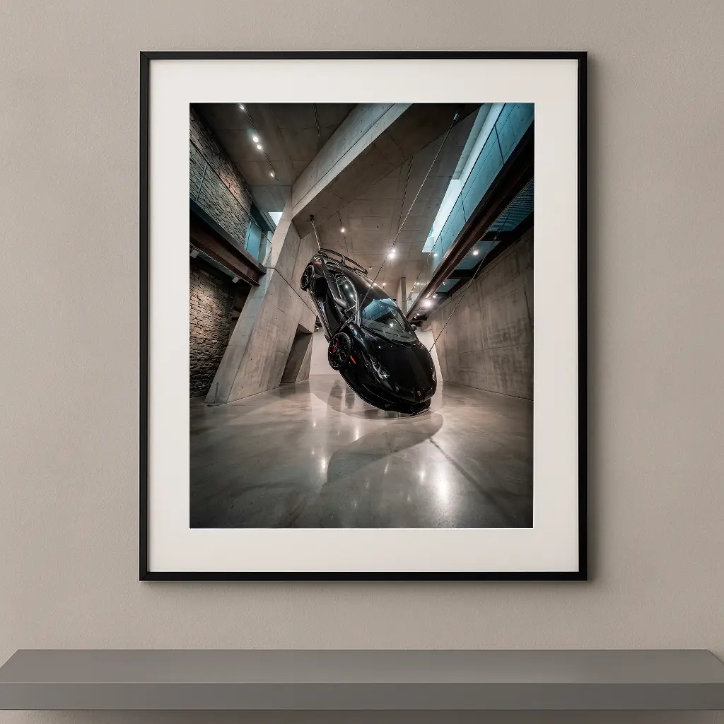 Tableau d’art Lamborghini Aventador suspendue, œuvre automobile contemporaine haut de gamme encadrée pour décoration murale design