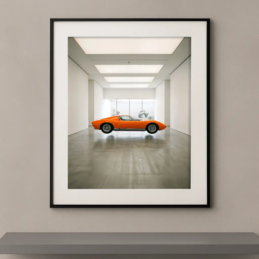 Tableau automobile Lamborghini Miura, installation artistique contemporaine, œuvre d’art murale encadrée