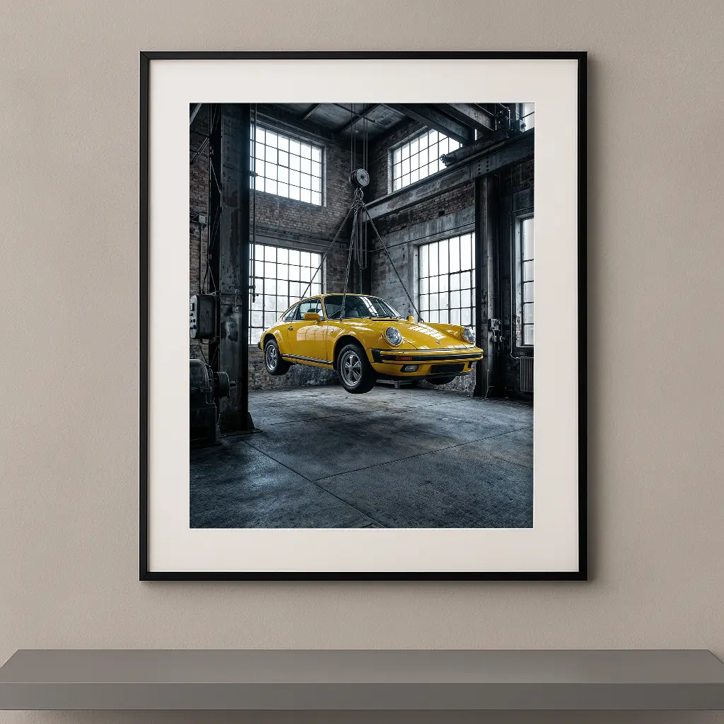 Tableau automobile Porsche 911 Carrera classique, installation artistique contemporaine dans un décor industriel