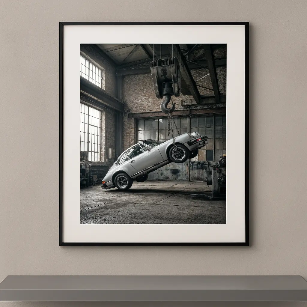 Tableau automobile Aston Martin DB12, installation artistique contemporaine, œuvre d’art murale encadrée