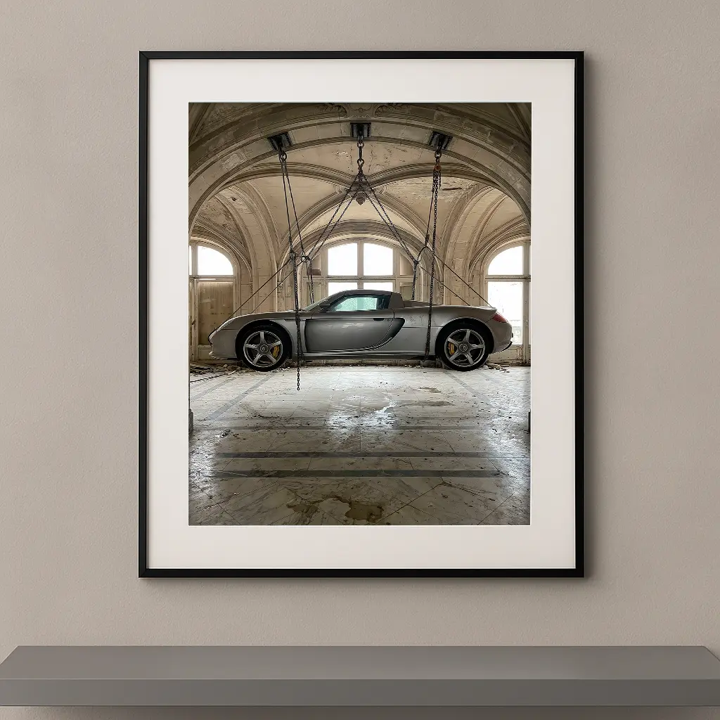 Tableau automobile Porsche Carrera GT, installation artistique contemporaine dans un hall haussmannien, œuvre d’art murale encadrée