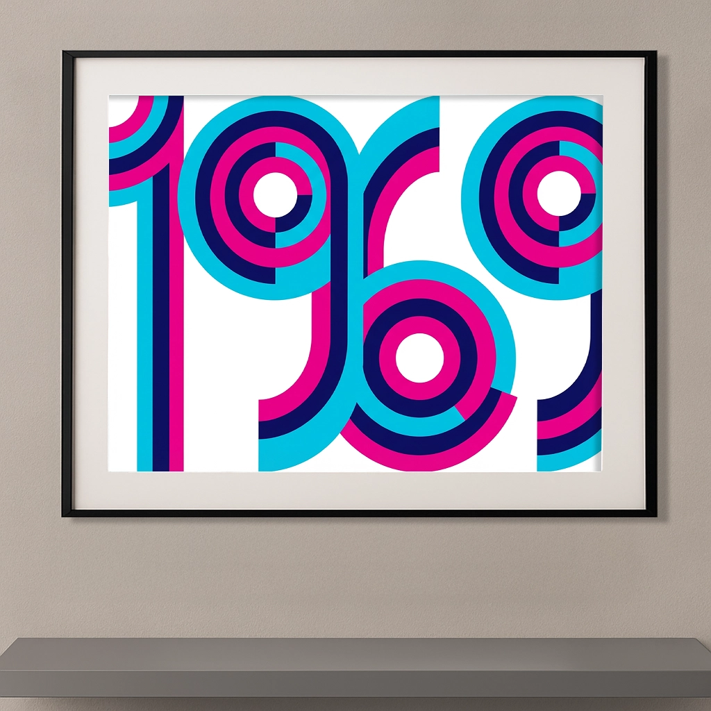 Affiche typographique géométrique 1969 avec formes circulaires cyan magenta et bleu dans un style graphique moderne.