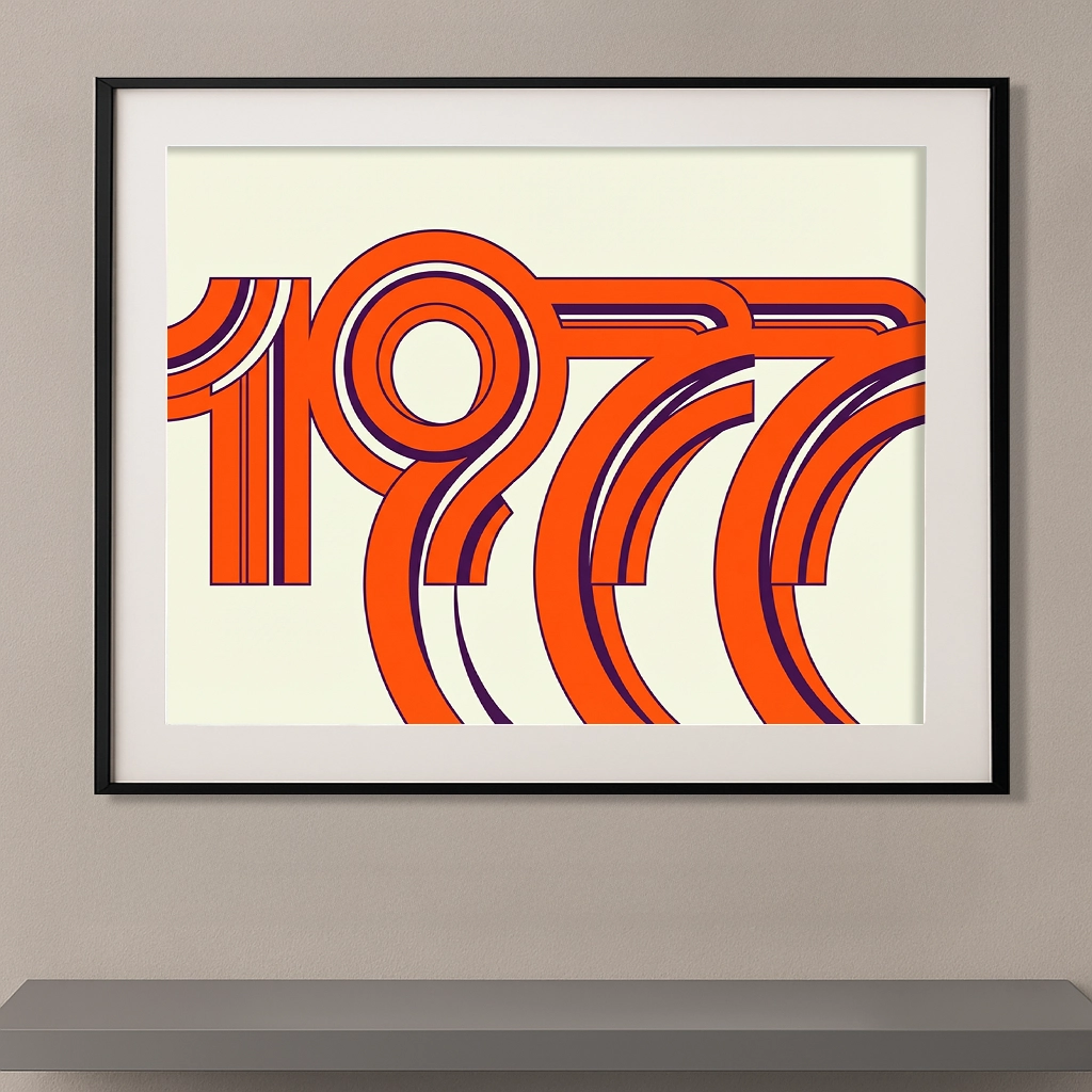 Affiche typographique 1977 au design rétro futuriste orange avec arcs graphiques inspirés du design des années 70.