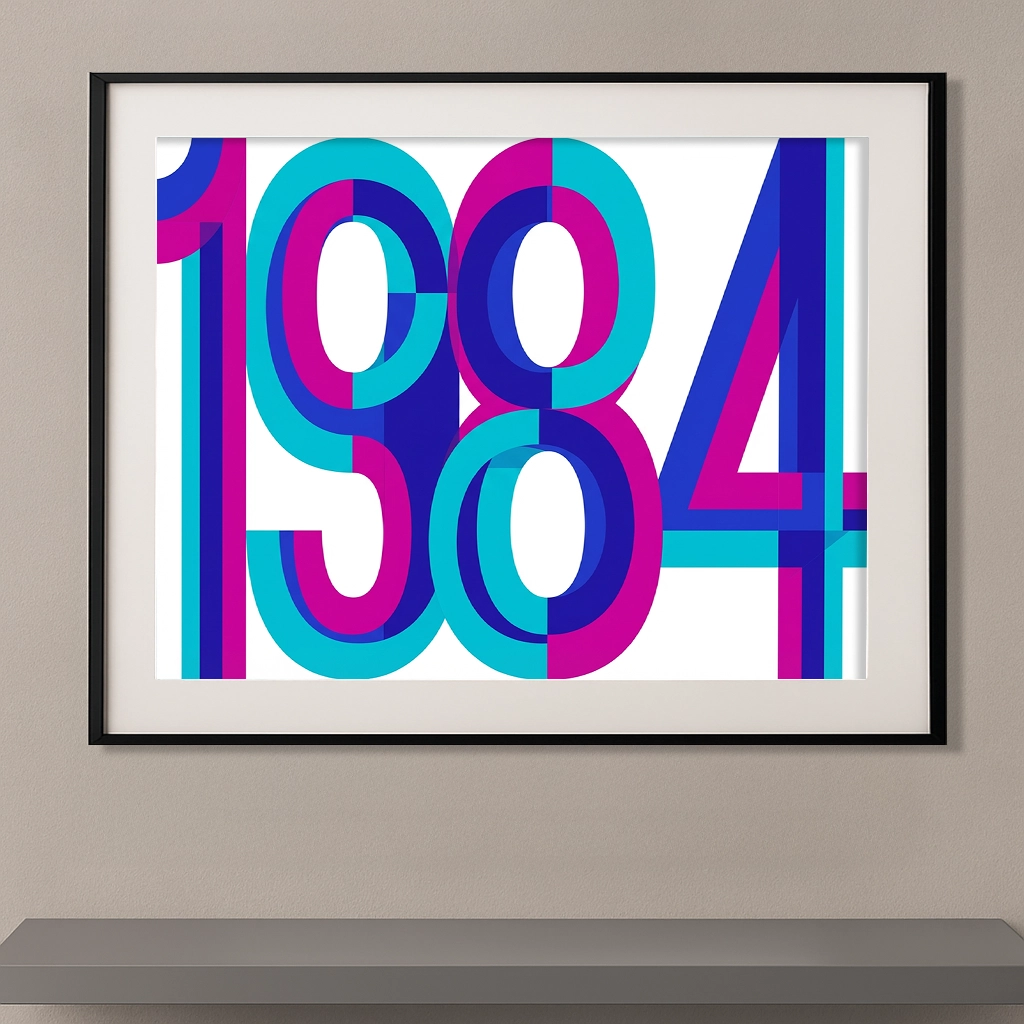 Affiche graphique 1984 avec typographie géométrique bleu cyan et magenta inspirée du design numérique des années 80.
