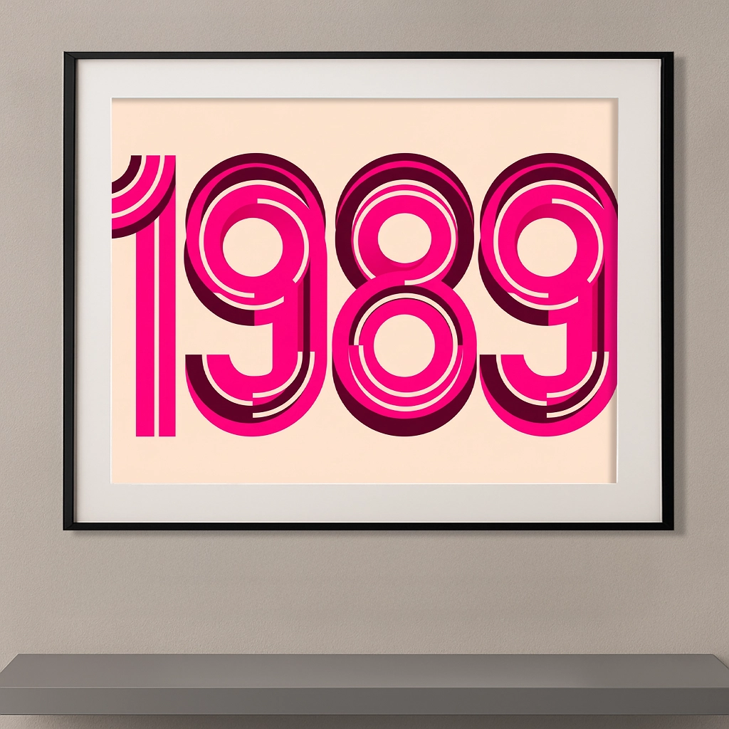 Affiche typographique 1989 en rose et bordeaux avec formes circulaires modernes sur fond beige clair.