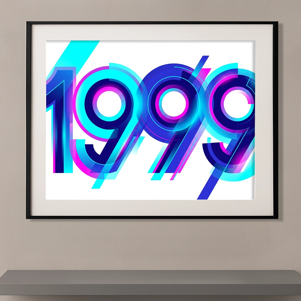 Affiche typographique futuriste 1999 avec formes géométriques cyan magenta et bleu inspirées du style Y2K.