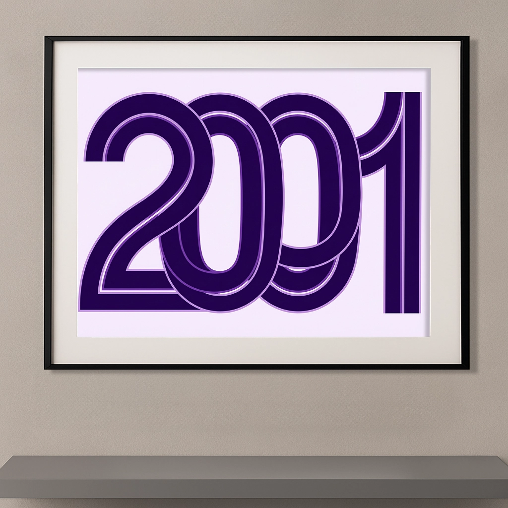 Affiche typographique minimaliste 2001 avec chiffres violets géométriques sur fond lavande clair.
