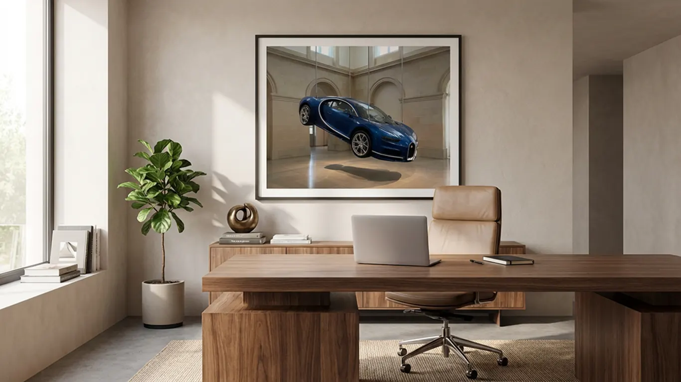Bugatti Chiron en tableau encadré dans un bureau moderne élégant avec bureau en bois et décoration raffinée