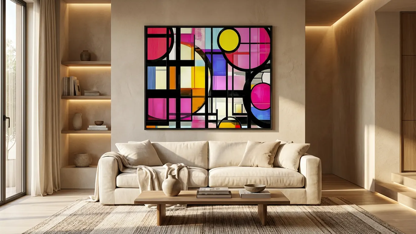 grand tableau abstrait coloré dans un salon moderne élégant avec canapé et décoration minimaliste