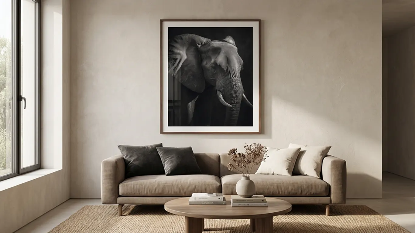 grand tableau elephant noir et blanc dans un salon elegant avec canape et decoration naturelle apaisante