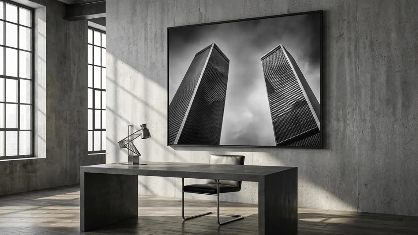 grand tableau gratte-ciel noir et blanc dans un bureau moderne avec bureau en béton et ambiance design.webp