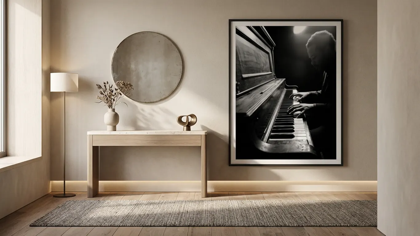 grand tableau pianiste noir et blanc dans une entree moderne elegante avec mobilier en bois et decoration raffinee