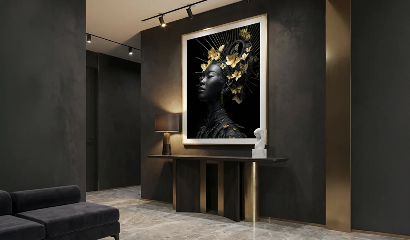 grand tableau portrait femme noir et or dans une entrée moderne luxueuse avec console design et éclairage chaleureux