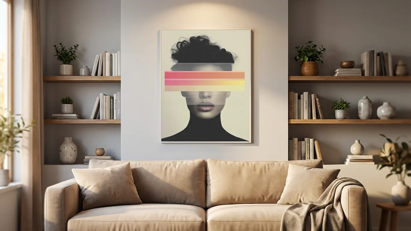 grand tableau portrait moderne dans un salon elegant avec canape et decoration chaleureuse