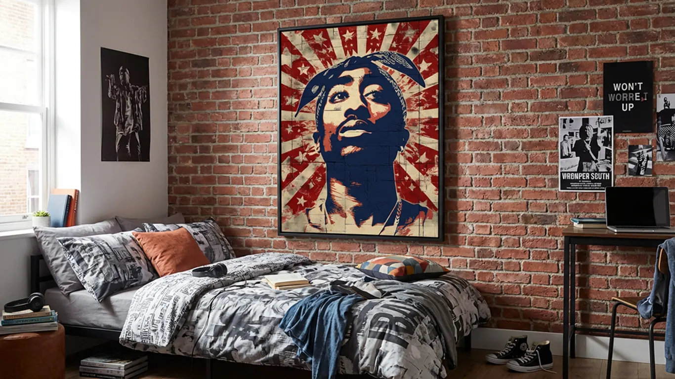 grand tableau street art dans une chambre ado avec lit bureau et decoration urbaine moderne