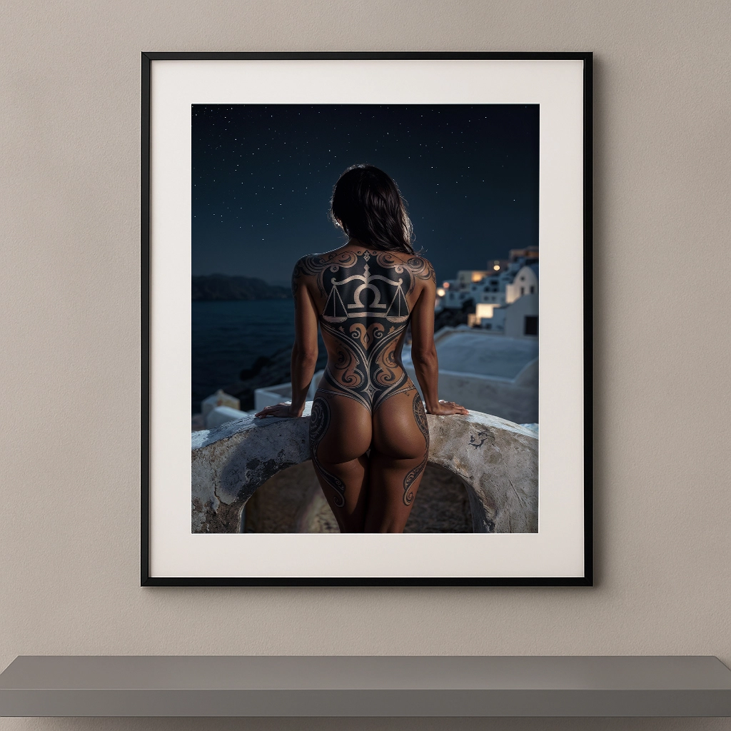 Œuvre artistique représentant le signe astrologique Balance dans un décor nocturne de Santorin, ambiance élégante et cinématographique