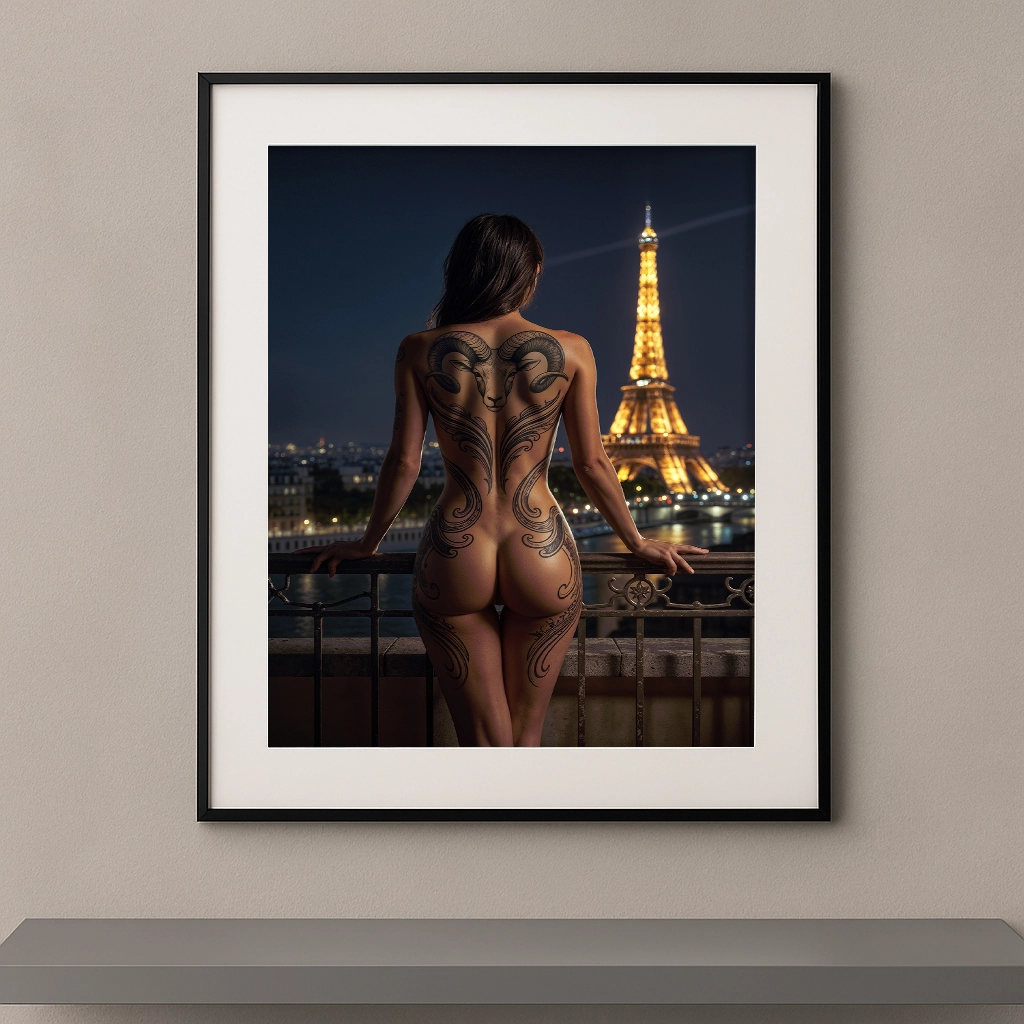 Œuvre artistique représentant le signe astrologique Bélier face à la Tour Eiffel de nuit, ambiance cinématographique et élégante