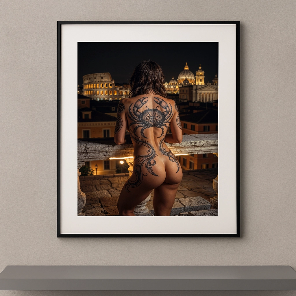 Œuvre artistique représentant le signe astrologique Cancer dans un décor nocturne de Rome, avec le Colisée en arrière-plan, ambiance cinématographique